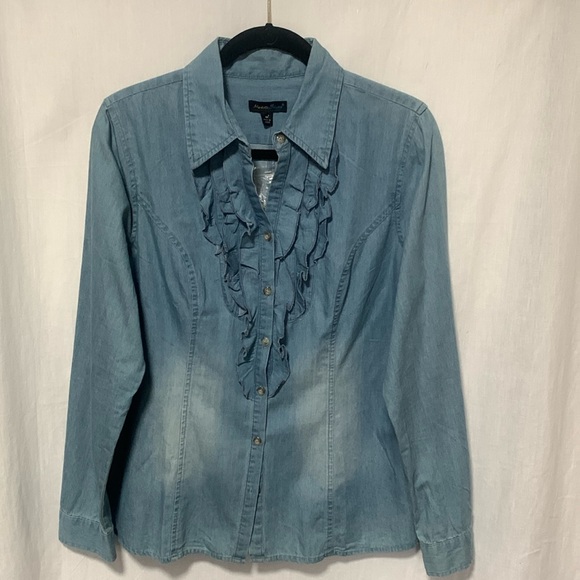 Chic Denim Ruffle Front Blouse - Picture 1 of 2
